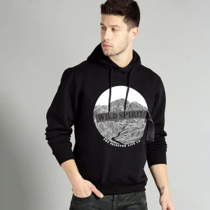 Men Black & White Printed Hooded Sweatshirt